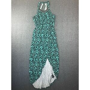 Bebe Women's Black & Teal Zebra Print Hi-Low Maxi Tank Top Racer Dress Medium